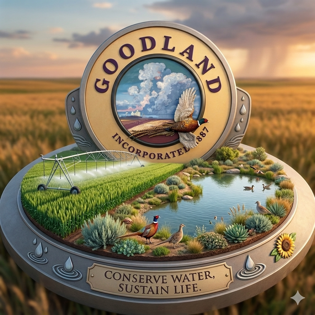 City of Goodland Logo with green field and pond